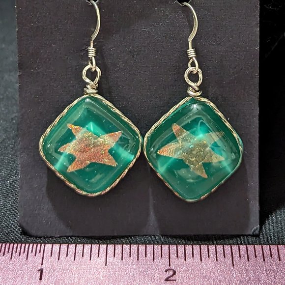 Wow Green & Peach Dichroic STARFISH Sterling Silver Wire-Wrapped Glass Earrings - Picture 2 of 3